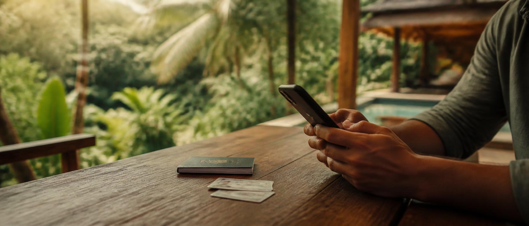Pasaporte y licencia junto a un celular sobre una mesa de madera